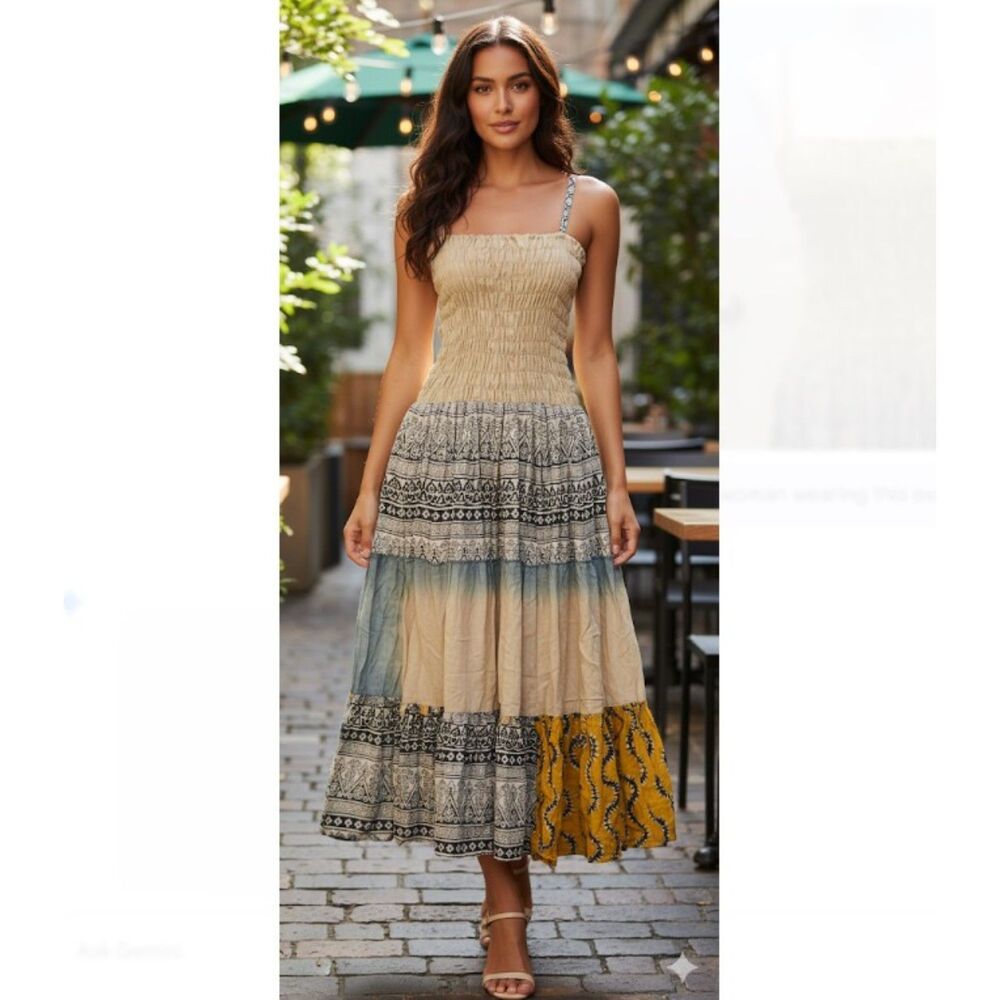 Boho Silk Maxi Dress Smocked Tiered Festival Aztec Print Neutral Chic M